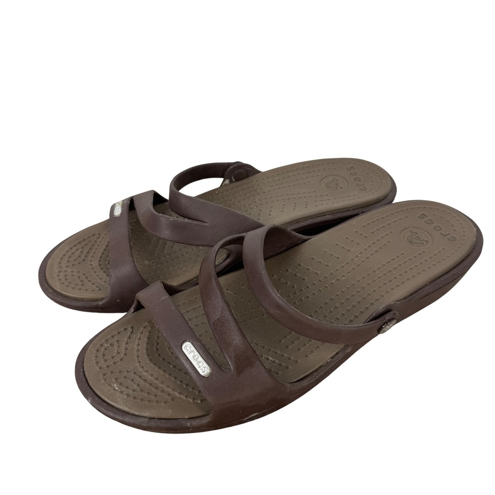 Crocs Patricia Chocolate Brown Wedge Sandals Multi Strap Slide Womens 9